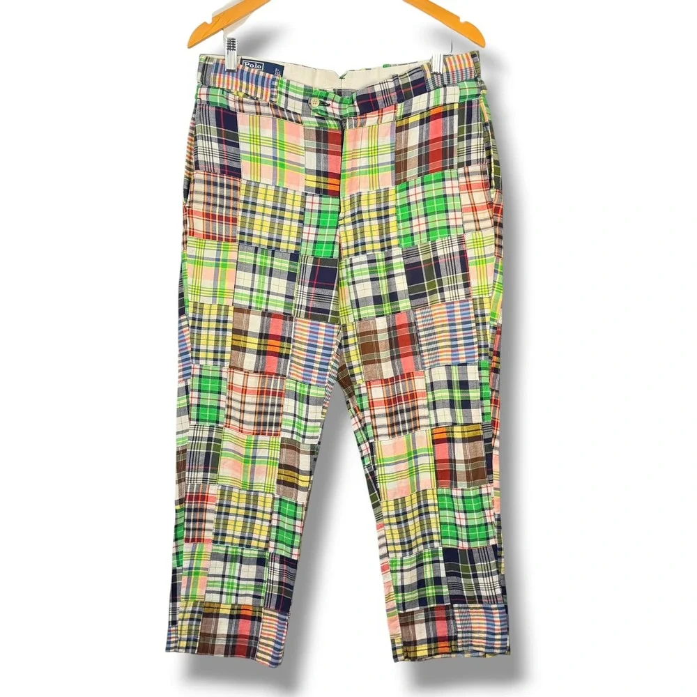 Vintage Polo Ralph Lauren Madras Patchwork Pants Mens 33 Multicolor Plaid Preppy